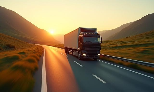 LKW auf der Autobahn bei Sonnenuntergang