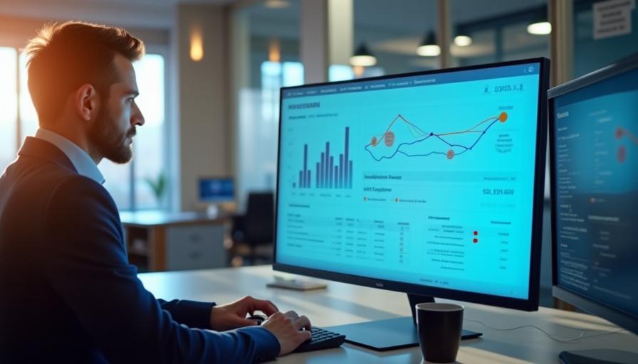 Logistik-Manager analysiert Daten auf Bildschirm
