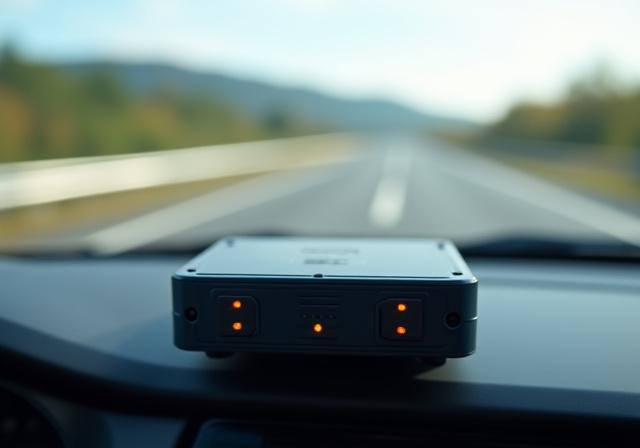 Moderne Mautbox On-Board Unit auf einem LKW-Armaturenbrett